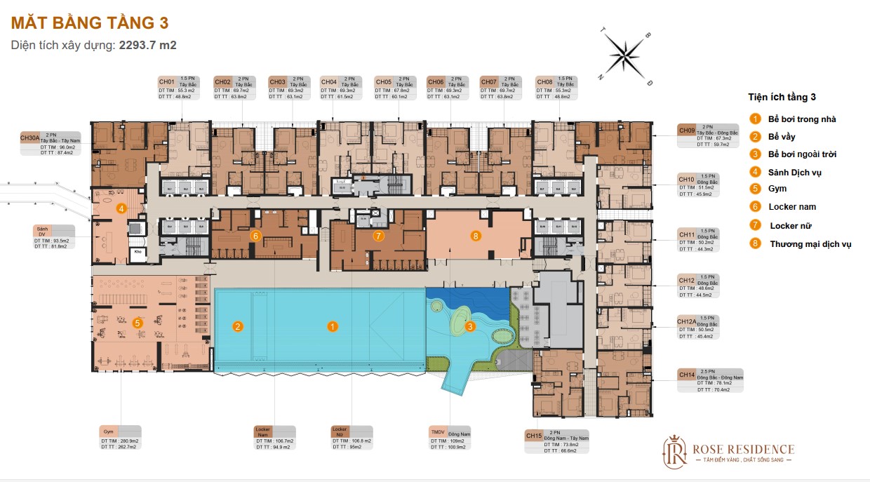 Mặt bằng T3 chung cư Rose Residence Hoàng Huy