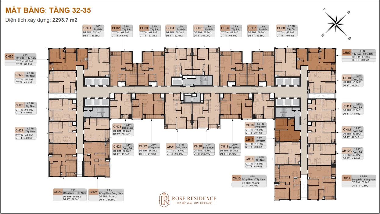 Mặt bằng T32-35 chung cư Rose Residence Hoàng Huy