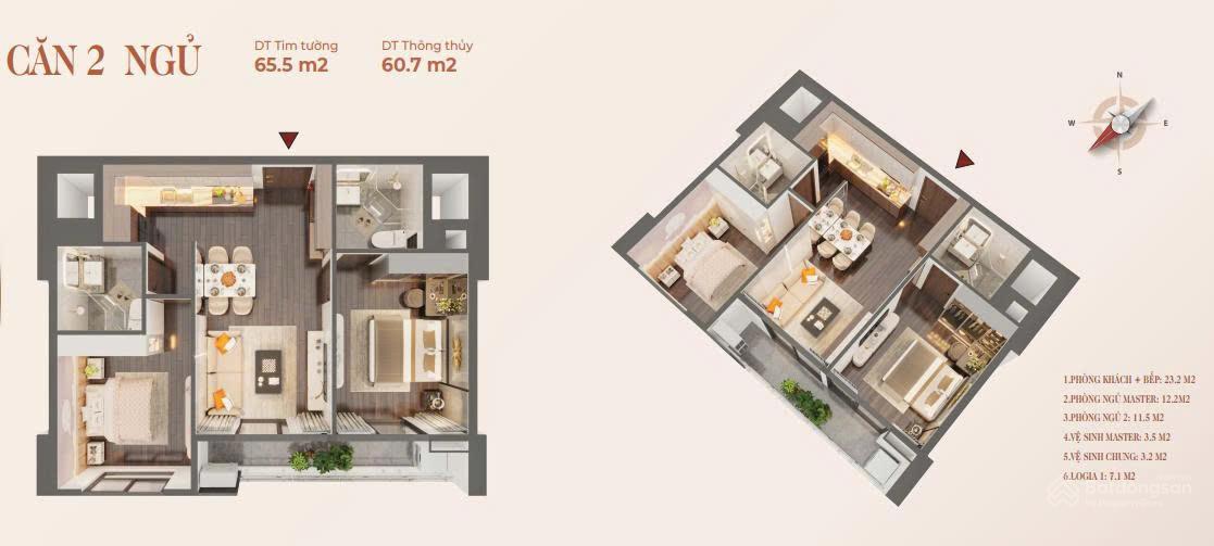 Căn hộ 2 ngủ tại Toà Rose Residence Hoàng Huy