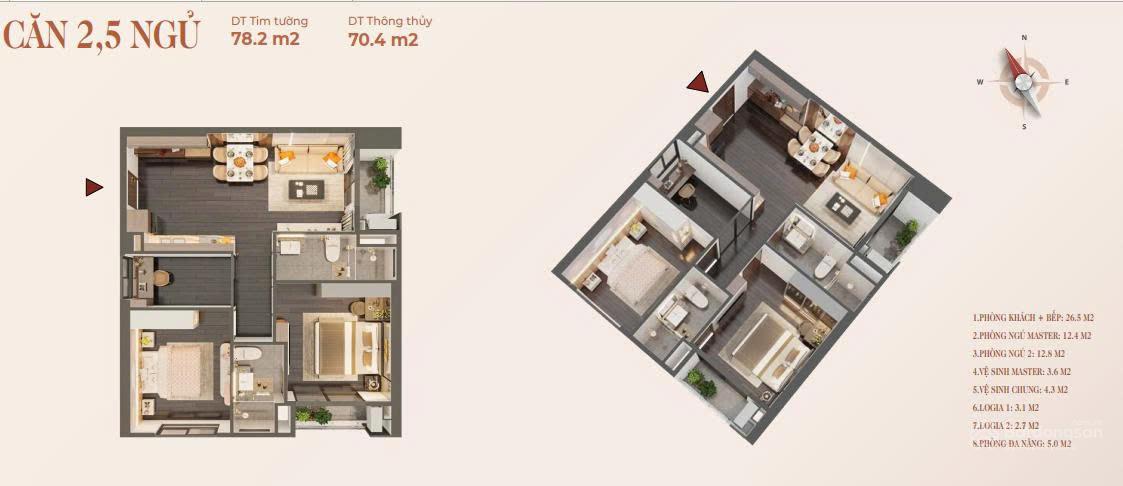 Căn hộ 2,5 ngủ tại Toà Rose Residence Hoàng Huy
